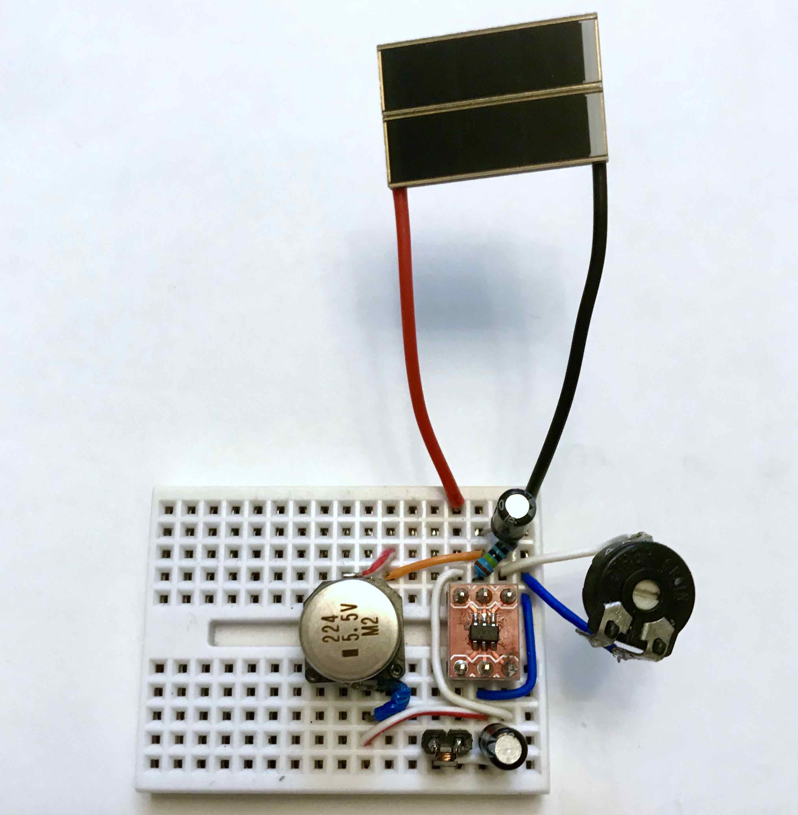 Solar charging circuit on a breadboard